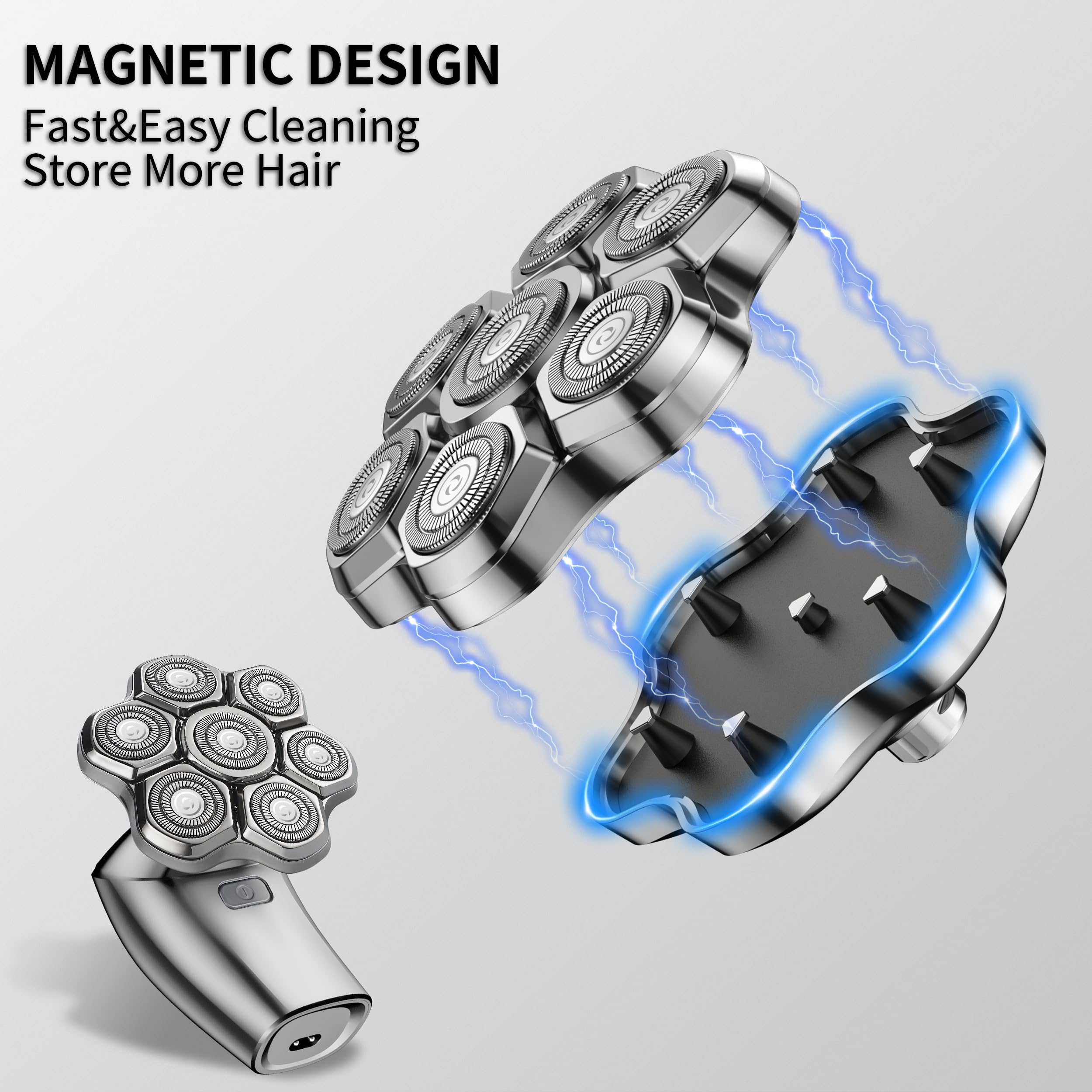 Universal Head Shaver Replacement Heads Magnetic 7 Blades Head Shavers Replacement Blades for Bald Men Compatible with Freebird Shaver & Other Brands (silver8)