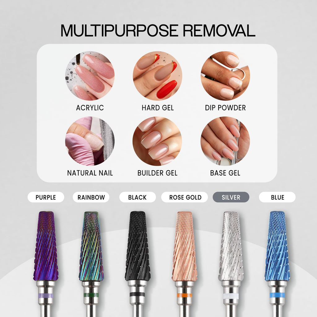 PANA 5-in-1 Pro Upgraded Multi-Function Drill Bit 3/32" Shank Size - (Silver, 2X Coarse to 2X Fine) - Mix Size Tungsten Drill Bit Fast Remove Acrylic Hard Gel Nail for Manicure Pedicure
