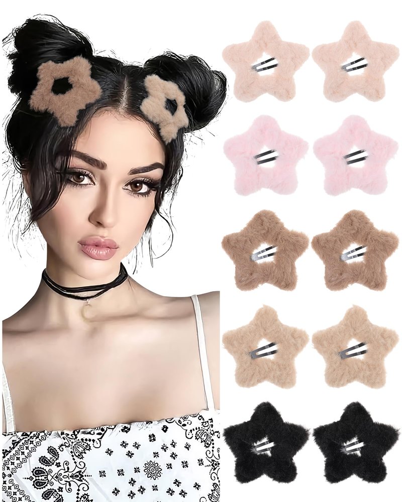 Ufgin 10 PCS Fluffy Star Hair Clips Cute Non-Slip Fuzzy Star Hair Clips Y2k Hair Barrettes for Women(Beige + Light Brown + Khaki + Black + Pink)