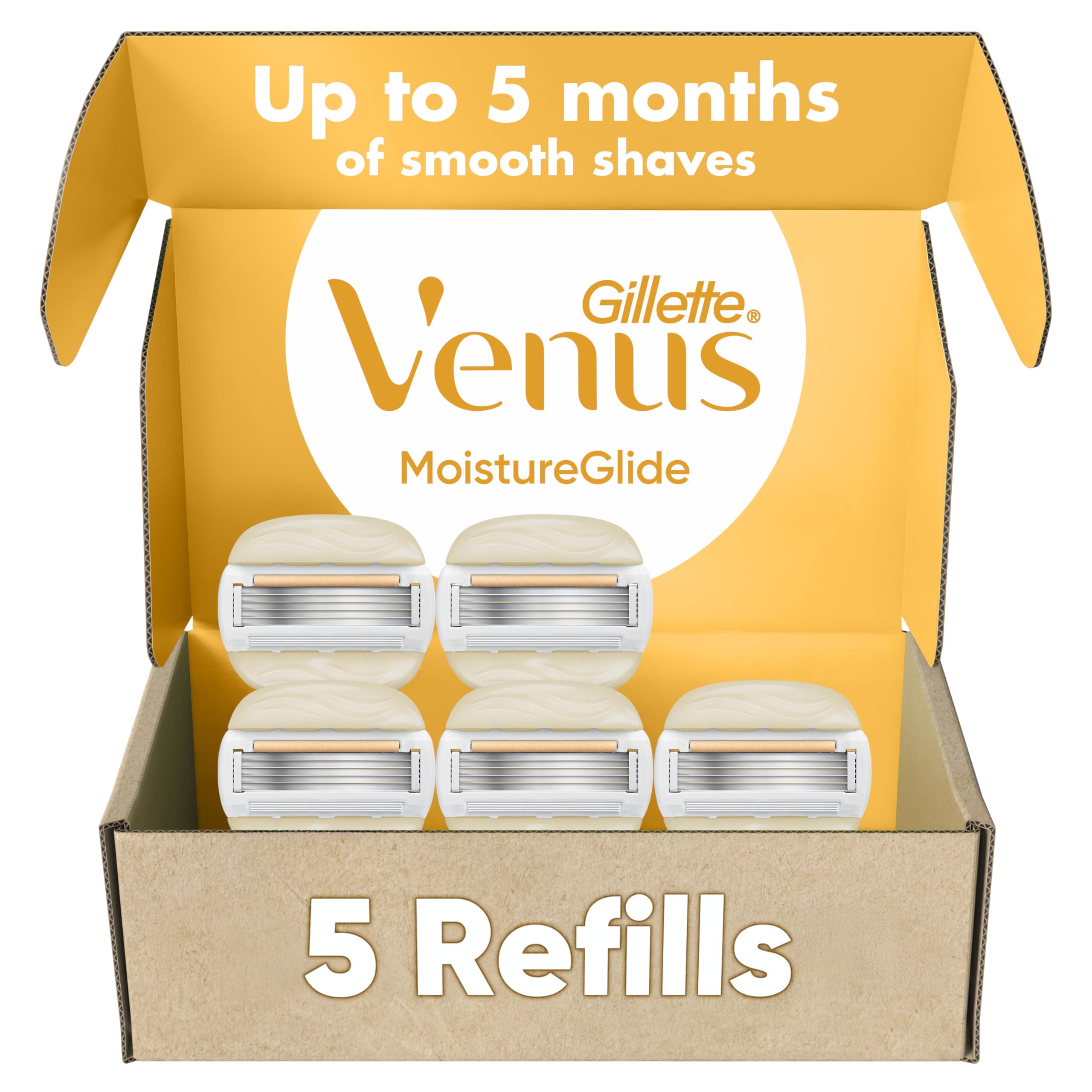 Gillette Venus Moistureglide Women's Razor Refills, 5 Refill Cartridges, Fits Venus Reusable Razor Handles, 5-Bladed Razor Blades with Built-in Shave Gel Bars, Women's Razor