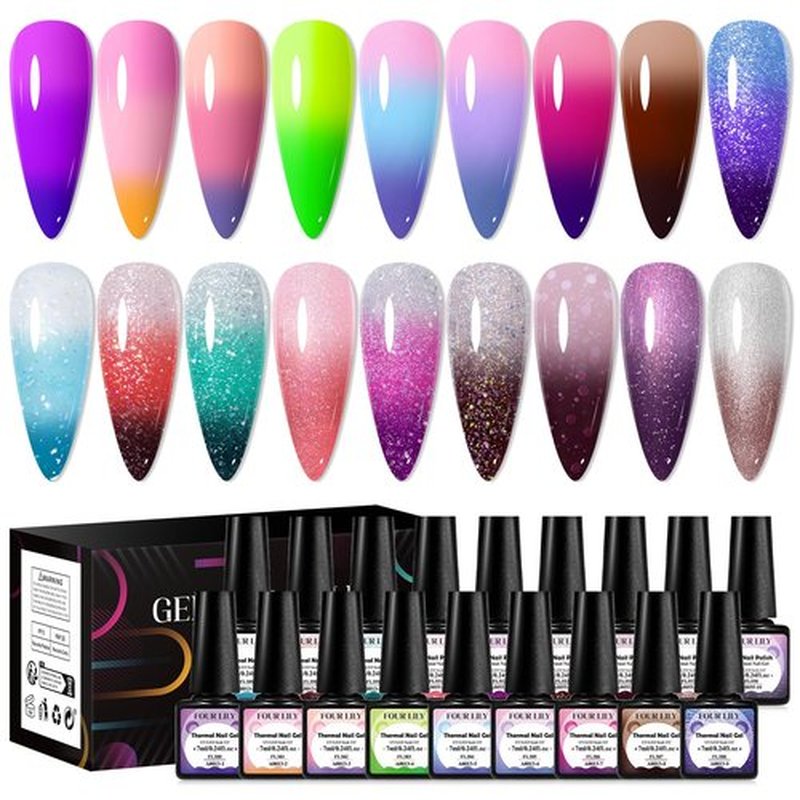 Four Lily Color Changing Gel Nail Polish Set, 18 Colors Red Pink Glitter Blue Purple Mood Temperature Change Nail Polish Gel Set Soak Off Nail Art Gel DIY Salon Valentine's Day Manicure Gift