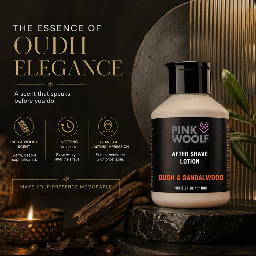 Pink Woolf After Shave Lotion for Men, Alcohol Free Aftershave Balm, Razor Burn & Irritation Relief, Fast Absorbing Post Shave Moisturizer, Oudh & Sandalwood, 3.7 oz