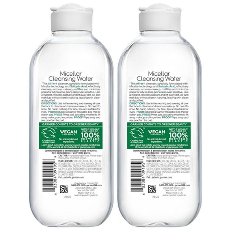 Garnier Micellar Water with Salicylic Acid, All-in-1 Mattifying Facial Cleanser and Makeup Remover for Oily and Acne Prone Skin, 13.5 Fl Oz, Pack of 2