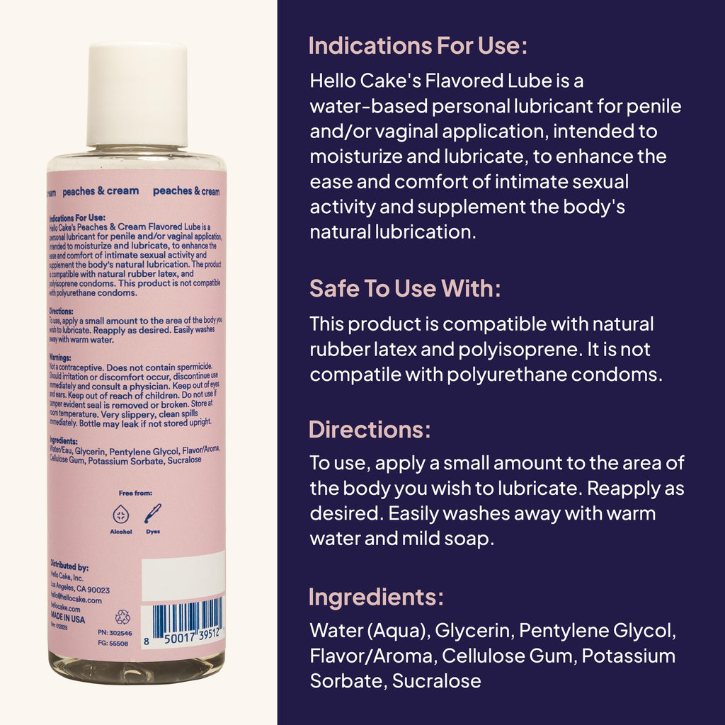 Hello Cake Peaches & Cream Flavored Lube - Water-Based Personal Lubricant - Vegan, Sugar-Free, Gluten-Free - Easy Clean-Up - for Men, Women, and Couples, 8 fl oz