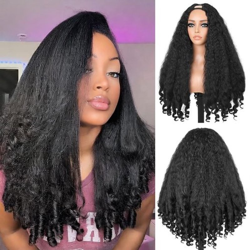 Cemuto Afro Curly Wig V Part Kinky Straight with Bouncy Curly Ends Fluffy Bouncy Hair Wigs Natural Black 24 Inch for Black Women