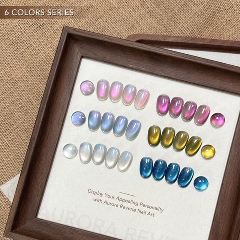 GAOY Cat Eye Gel Nail Polish Set, 6 Colors Blue Silver Pink Holographic Glitter Gel with Magnet, Soak Off UV Light Cure for Nail Art, Aurora Reverie