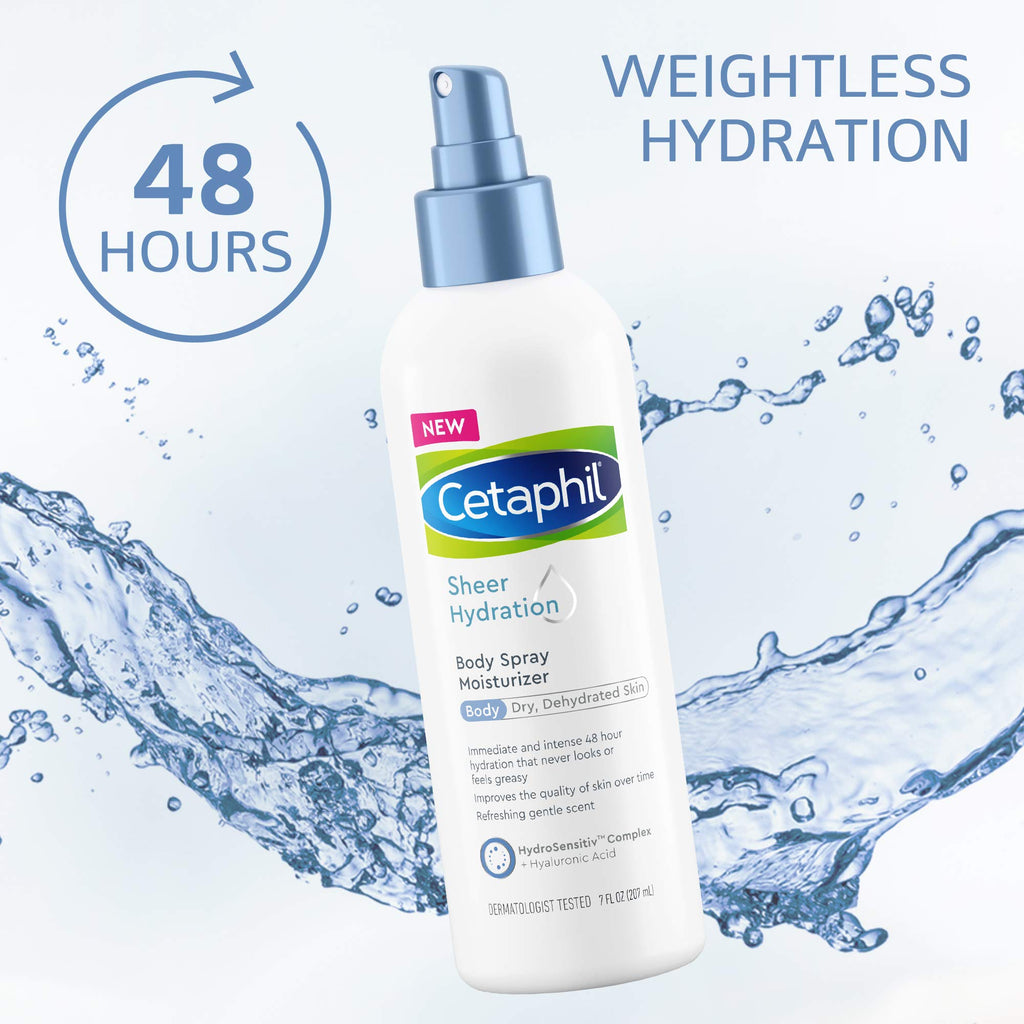 Cetaphil Sheer Hydration Body Moisturizer Spray, 7 fl oz, 48Hr Sensitive Skin Spray Body Lotion for Dry Skin, With Hyaluronic Acid, Vitamin E & B5, Dermatologist Recommended Sensitive Skincare Brand