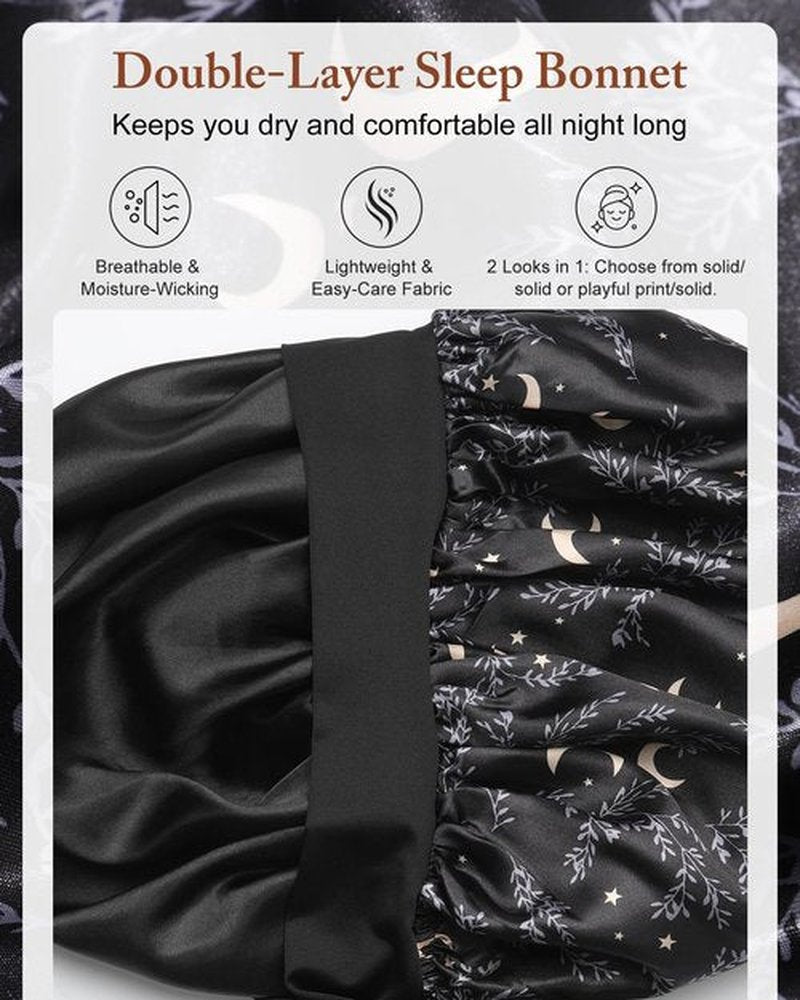 AWAYTR Long Satin Bonnet for Women - Double Layer Elastic Silk Bonnet for Braids Hair Sleeping Cap with Tie Band (Star and Moon+Black)