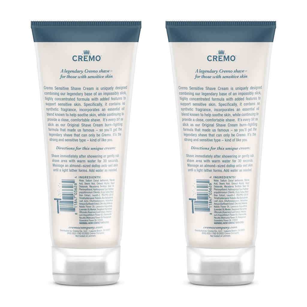 Cremo Sensitive Shave Cream (2 Pack), Astonishingly Superior Ultra-Slick Shaving Cream for Men, Fights Nicks, Cuts And Razor Burn, 6 Fl Oz
