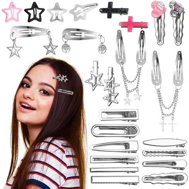 Hoemwarm 48 Pcs Y2k Hair Clips Set for Girls,Pink Kawaii Star Hair Clips 2000s Non Slip Accessories Styling Tools Retro Cross Love Pentagram Cool Hair Barrettes Kids Women