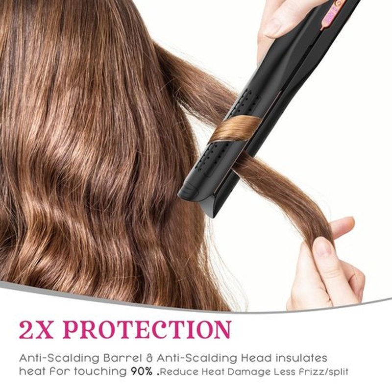 SKIMI Airflow Styler, Titanium Flat Iron Hair Straightener, Professional Curling Iron with Cooling Air Vents to Lock in Style, 5 Temps & Dual Voltage, Auto Off (Black & Yellow Rose).