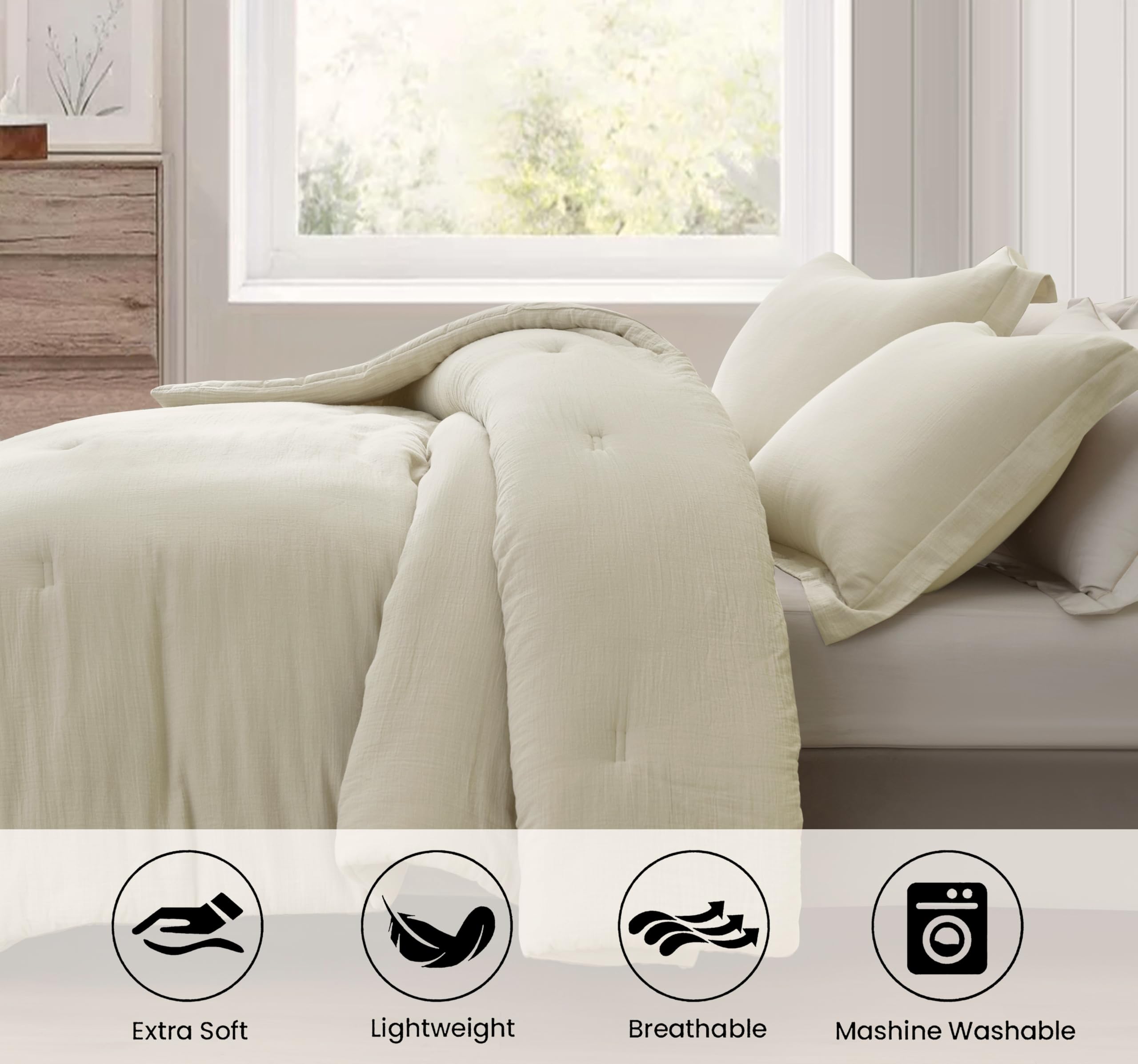 Chezmoi Collection Breeze 3-Piece 100% Cotton Muslin Oversized King Comforter Set, Natural Color Soft Washed Cotton Gauze Comforter, Lightweight Breathable Reversible 240GSM Fill Summer Bedding