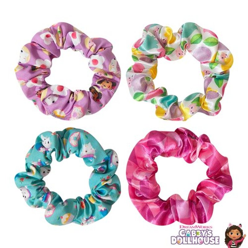 LUV HER Gabby's Dollhouse Cute Scrunchies for Girls of All Ages - 4 Large Hair Scrunchies - 4 Printed Scrunchies with Your Favorite Characters - Hair Accessories for girls 3+
