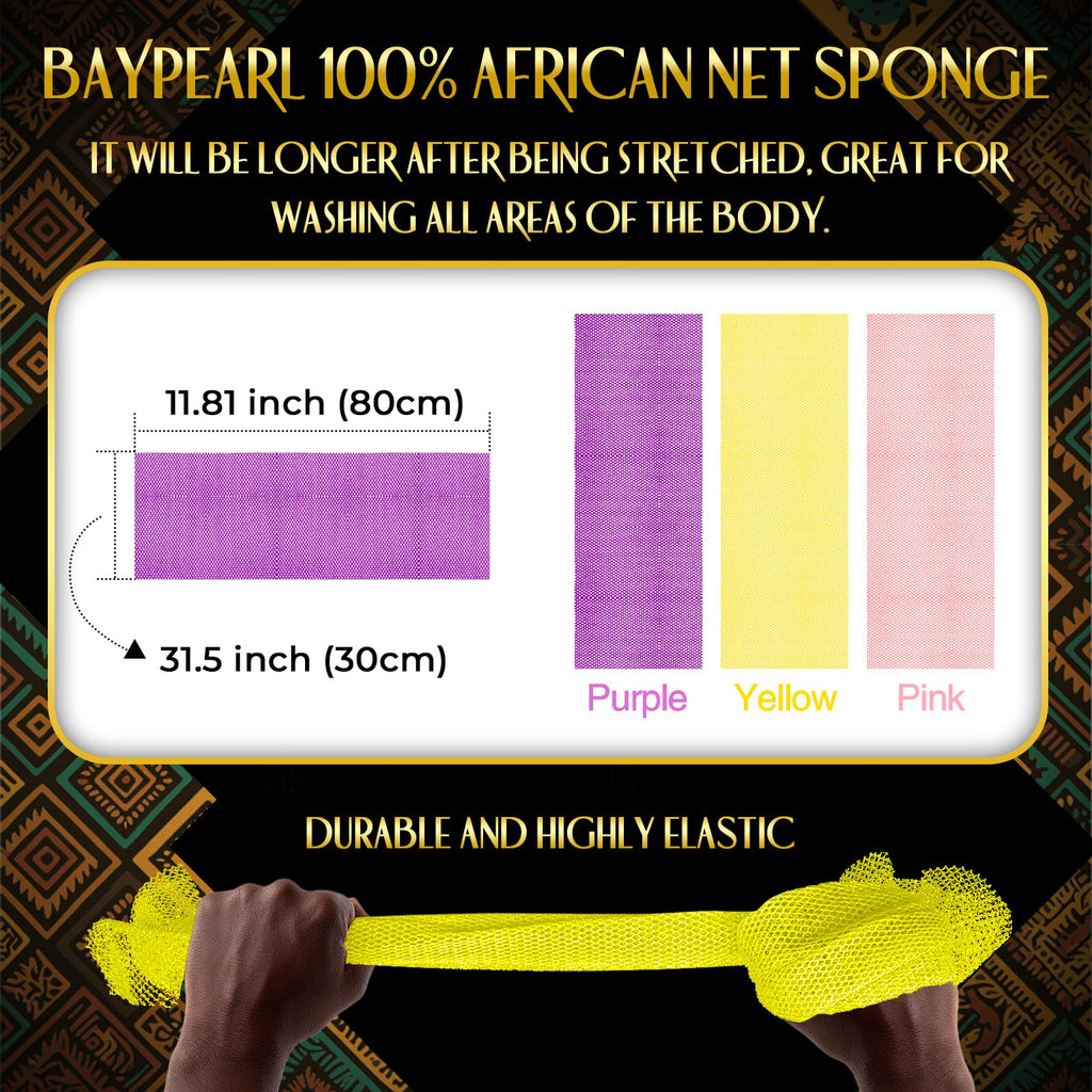 UJFQBH 3 Pieces African Bath Sponge African Net Long Net Bath Sponge Exfoliating Shower Body Scrubber Back Scrubber Skin Smoother,Great for Daily Use (Pink,Yellow,Purple)