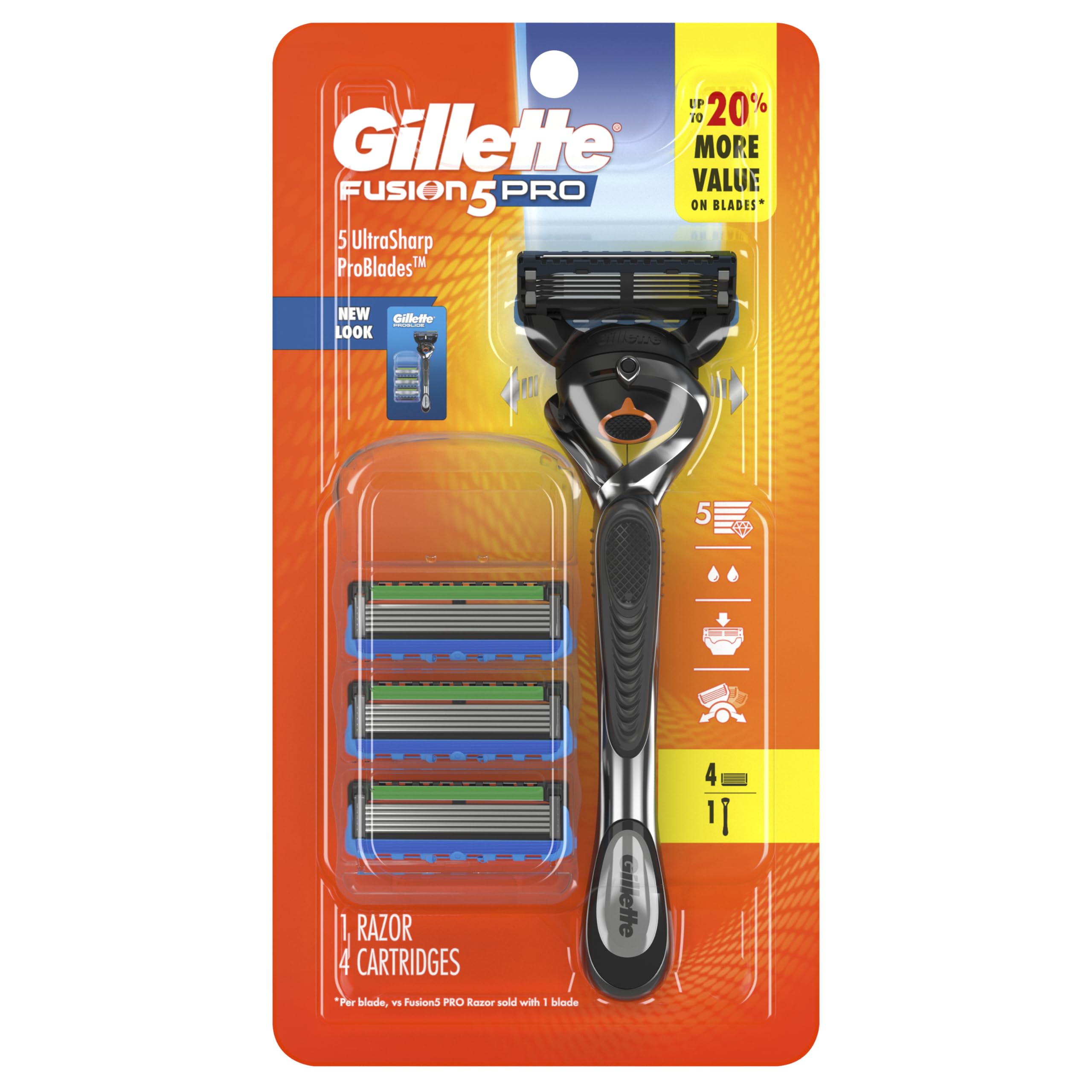 Gillette Fusion5 ProGlide Shaving Razor for Men, Razor Handle, 4 Razor Blade Refills, FlexBall Razor Handle and Precision Trimmer for Men