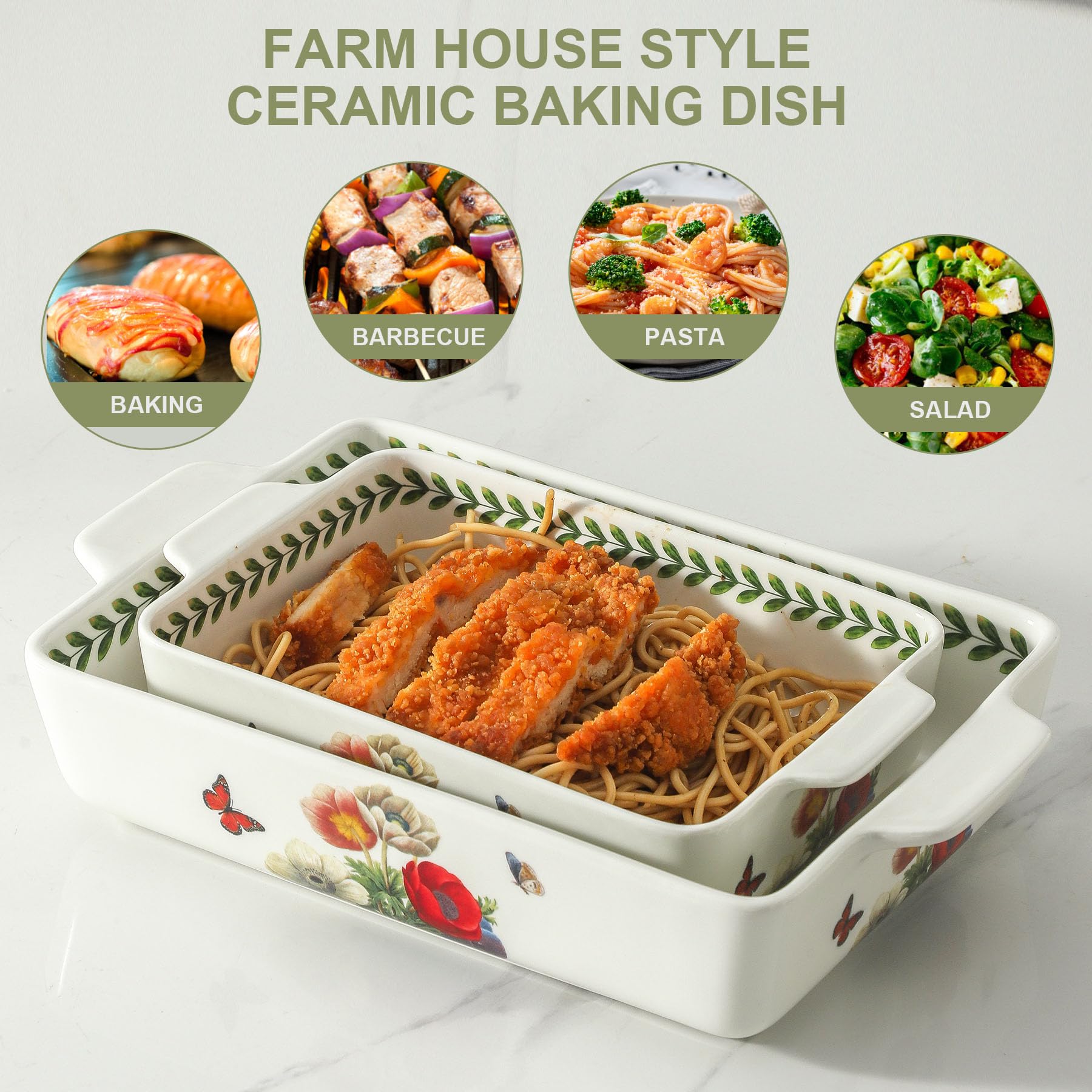 Howise Ceramic Papaver rhoeas Baking Casserole Dish with Handles, Large 2 pieces 8x13 inch & 6x10 inch Lasagna Baking Dish and Middle Flower Andplant Baking Pan,Porcelain Serving Bakeware Set