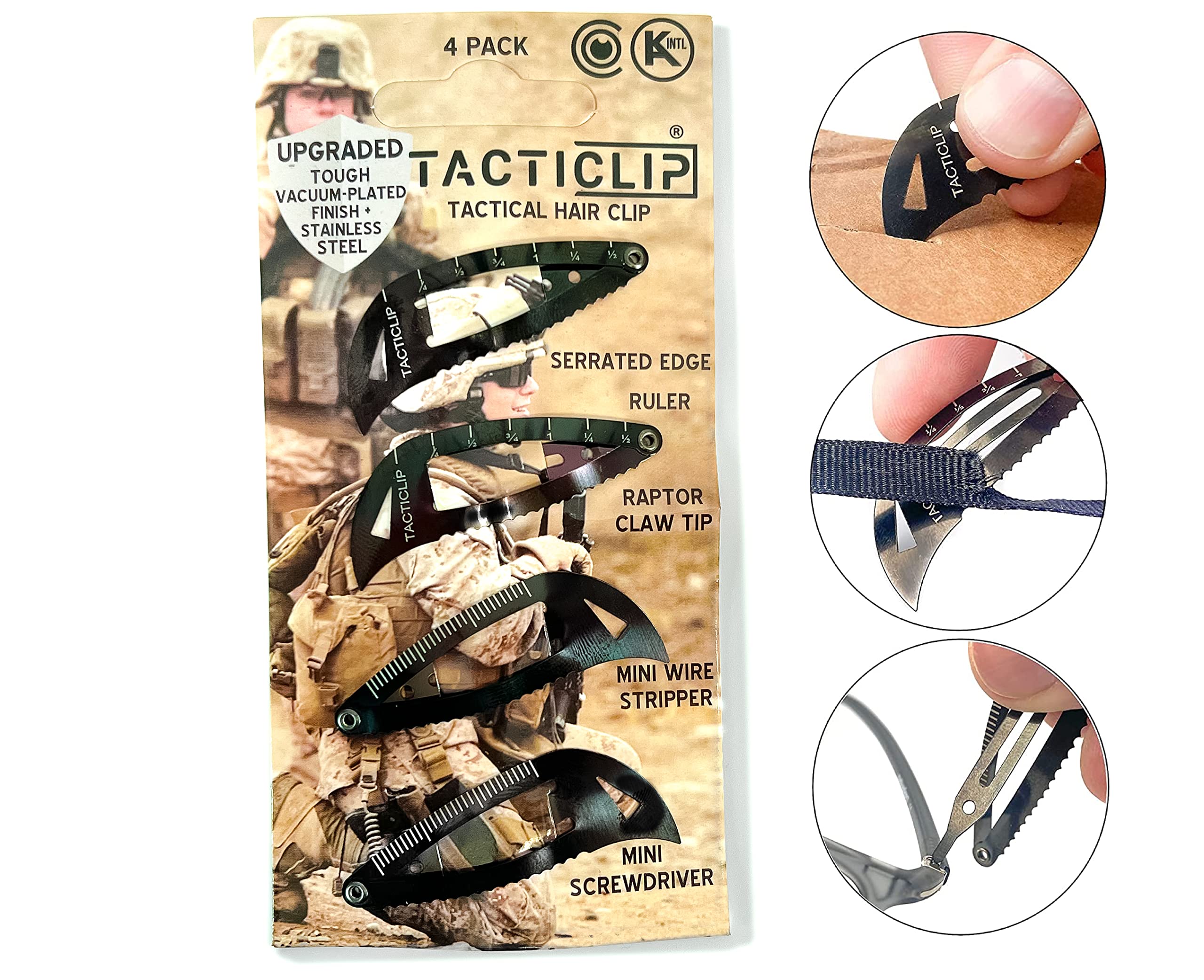 Tactical Hair Clips, 4 Pack - Black - Multitool Snap Barrettes - Laser Engraved, Vacuum Plated, Multi-Functional Keychain Multi Tool - Box Cutter, Serrated Edge, Raptor Claw