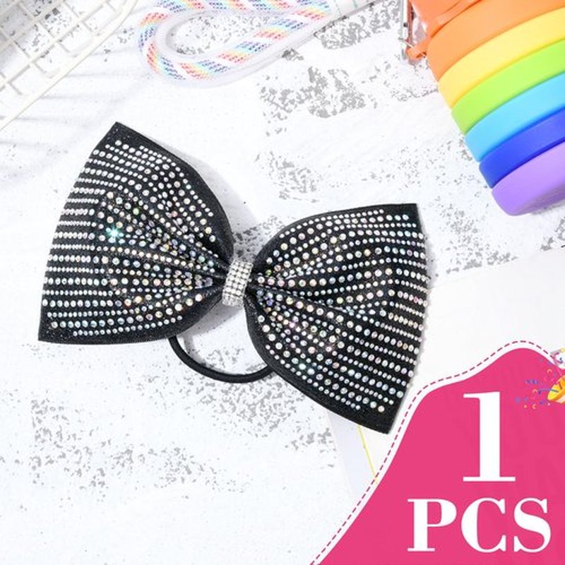 DEEKA Black Glitter Tailless Cheer Bows Large 6.5" Rhinestones Competition Hair Bow Elastic Band for Cheerleading Cheerleaders Girls (Glitter Black)