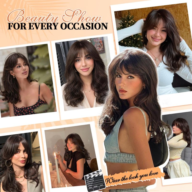 XIXIBI Brown Wigs with Bangs for Women, 4x4 Realistic Scalp Layered Curly Wavy Synthetic Wigs, Free Parting Natural Looking Heat Resistant Wig for Daily Party Use 18Inch
