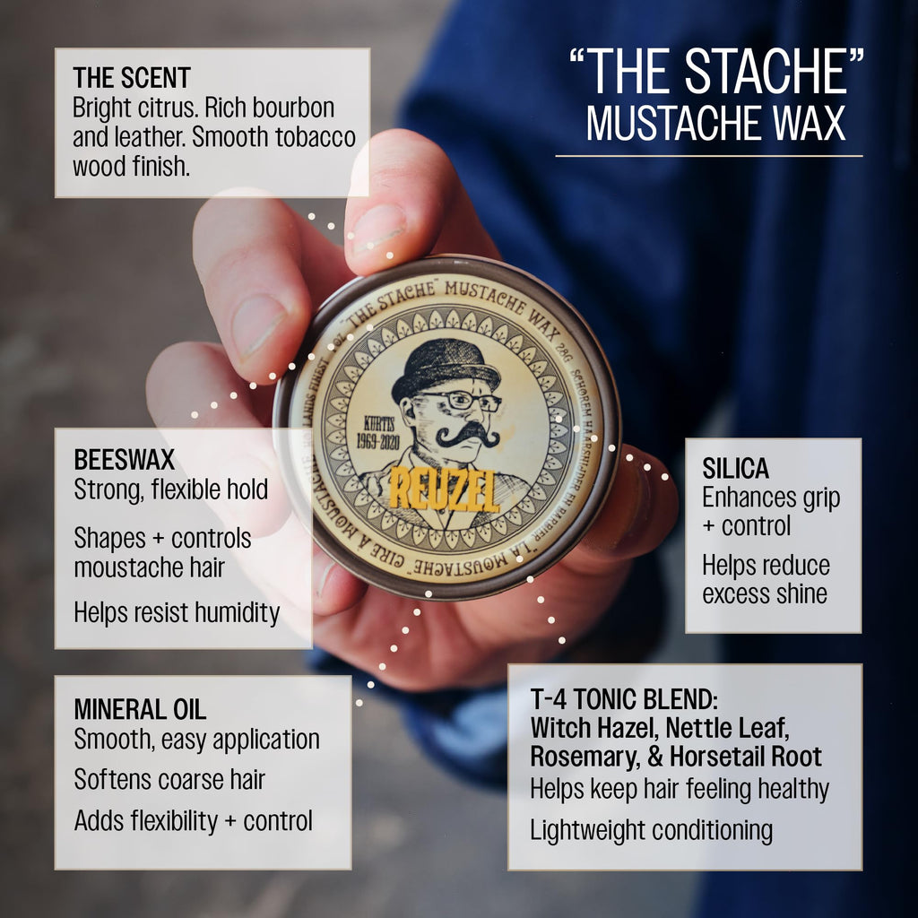 REUZEL Mustache Wax, Strong All Day Hold, Oil-Based Styling Wax, Low Shine, For All Hair Types, 1 oz