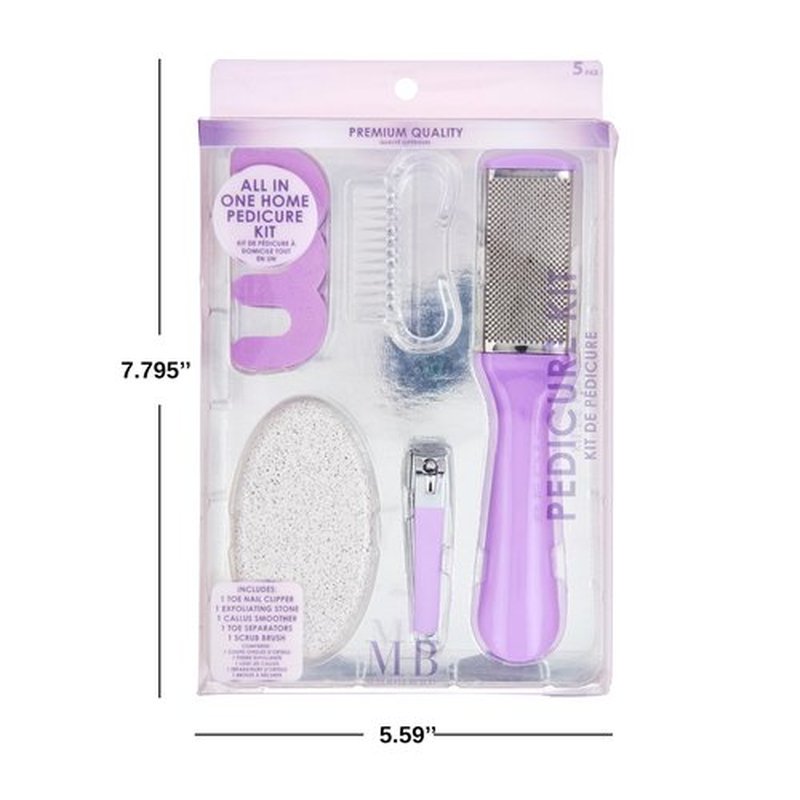 5pc Pedicure Kit - All-in-One Home Pedicure Set w/Toe Nail Clipper, Exfoliating Stone, Callus Smoother, Toe Separators, Foot Scrub Brush | Complete Foot Care Kit (Lavender)