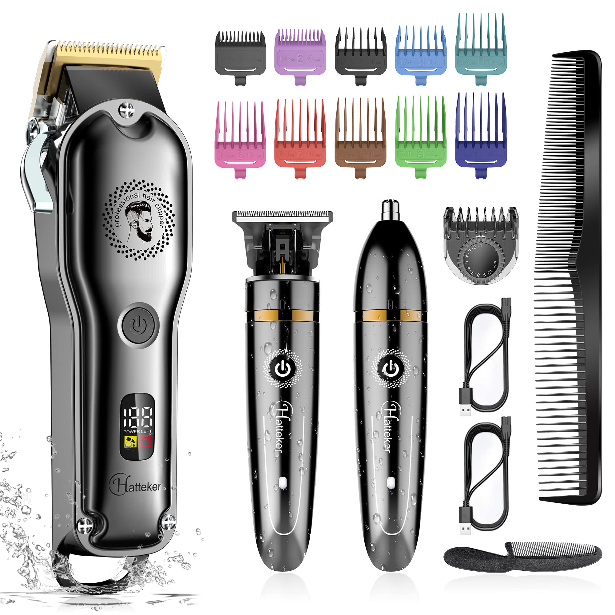 Hatteker Hair Clipper Cordless Barber Clipper T-Blade Beard & Nose Trimmer Grooming Kit Professional IPX7 Waterproof