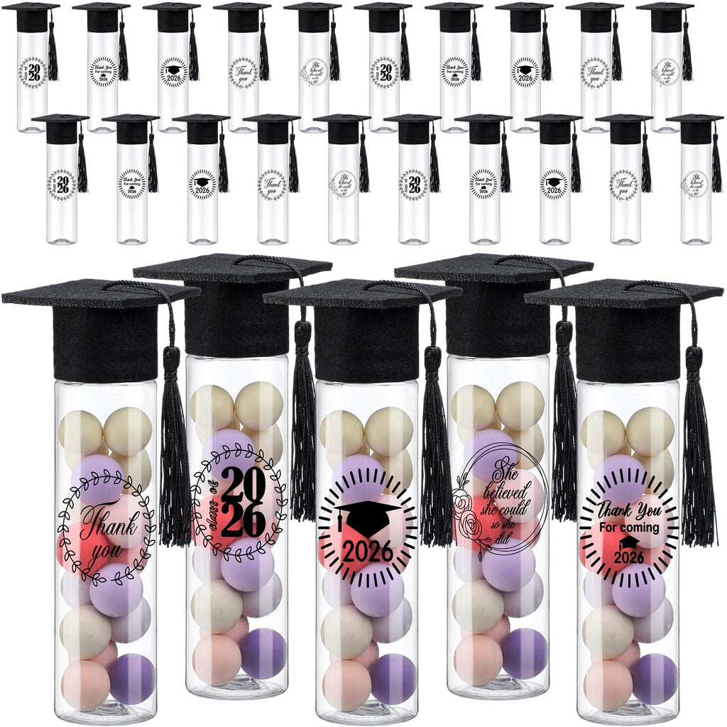 Teenyyou 25 Pcs Graduation Candy Tubes 2026 Graduation Party Favors Candy Boxes Plastic Grad Cap Jars Container with Tassels and Stickers for DIY Grad Table Party Favors (Black)