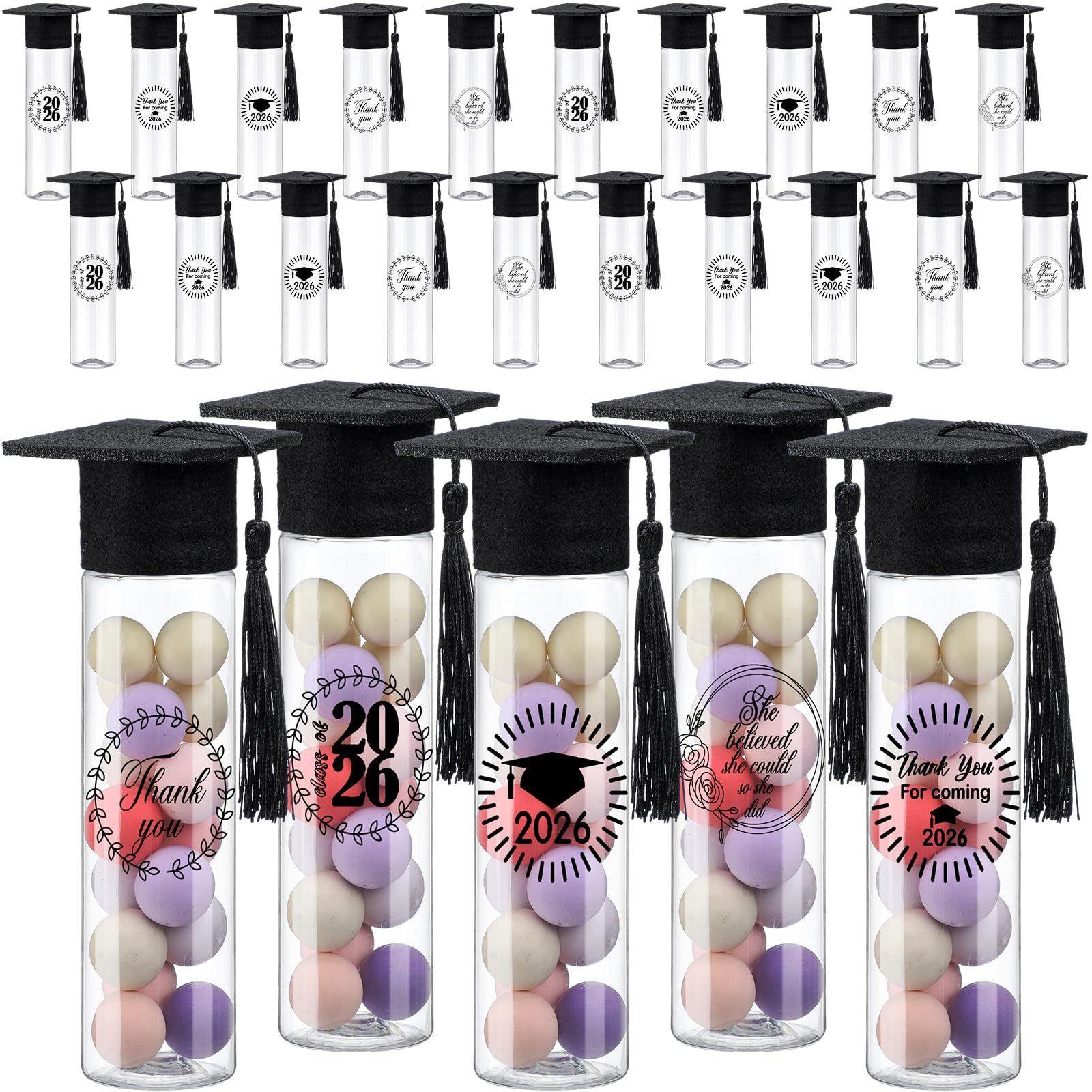 Teenyyou 25 Pcs Graduation Candy Tubes 2026 Graduation Party Favors Candy Boxes Plastic Grad Cap Jars Container with Tassels and Stickers for DIY Grad Table Party Favors (Black)