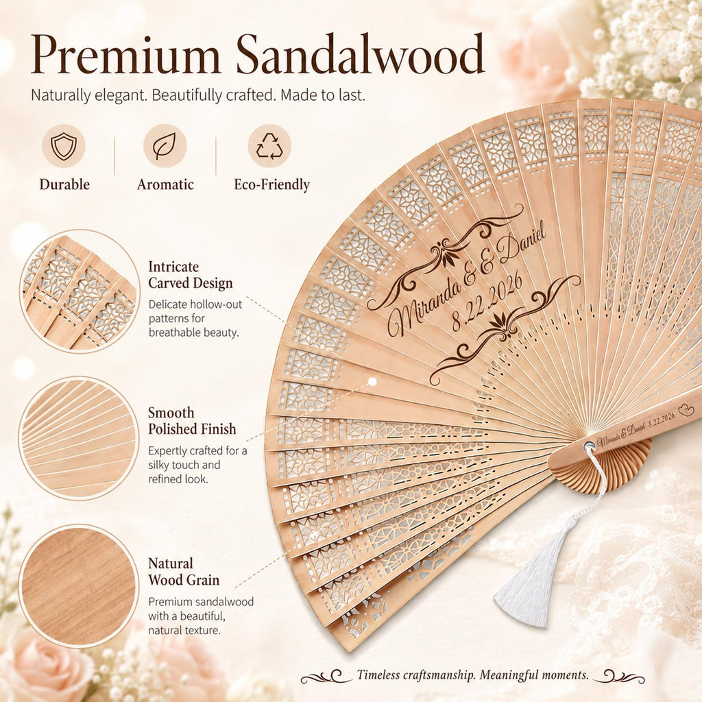 Personalized Wedding Fans for Guests, Custom Wooden Folding Hand Fans Bulk, Engraved Sandalwood Handheld Fans with Organza Bags & Tassels, Party, Bridal & Birthday Shower Favors (50PCS)