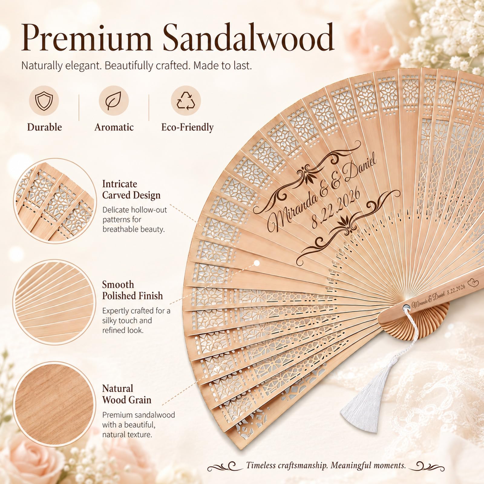 Personalized Wedding Fans for Guests, Custom Wooden Folding Hand Fans Bulk, Engraved Sandalwood Handheld Fans with Organza Bags & Tassels, Party, Bridal & Birthday Shower Favors (50PCS)