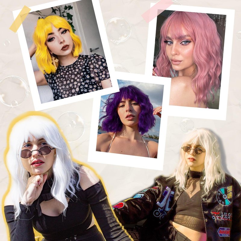 White Bob Wig with Bangs Short Wavy Wig for Women Loose Wavy Shoulder Length Colorful Synthetic Wig for Girl Cosplay Costume Wigs