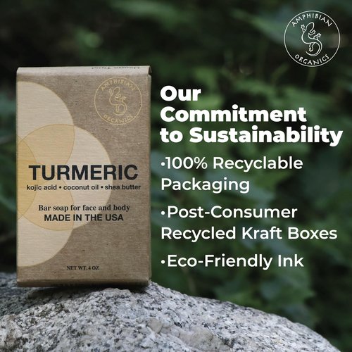 Amphibian Organics Turmeric Kojic Acid Soap Bar with Coconut Oil, Shea Butter & Essential Oils – Handcrafted in USA, Vegan Natural Face & Body Bar for All Skin Types, 4oz