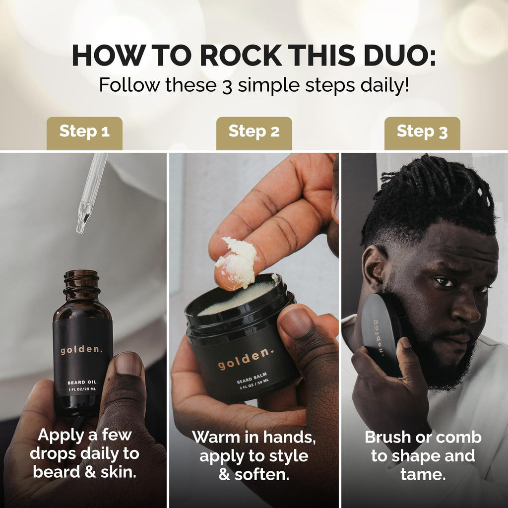 Golden Grooming Beard Bundle for Black Men - Natural Growth Kit with 2oz Balm & 1oz Oil - Shea Butter Conditioner - Cedar Frost (Regular)
