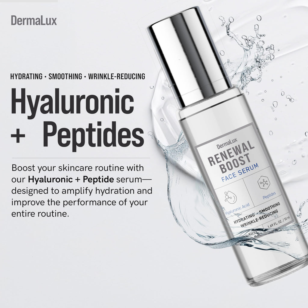 DermaLux Hyaluronic Acid & Peptides Face Serum - Dermatologist Tested, Anti-Aging, Korean Skin Care, Hydrates Smooths Firms – Clean Vegan Beauty for Dry Sensitive Skin – 1.69 Fl Oz