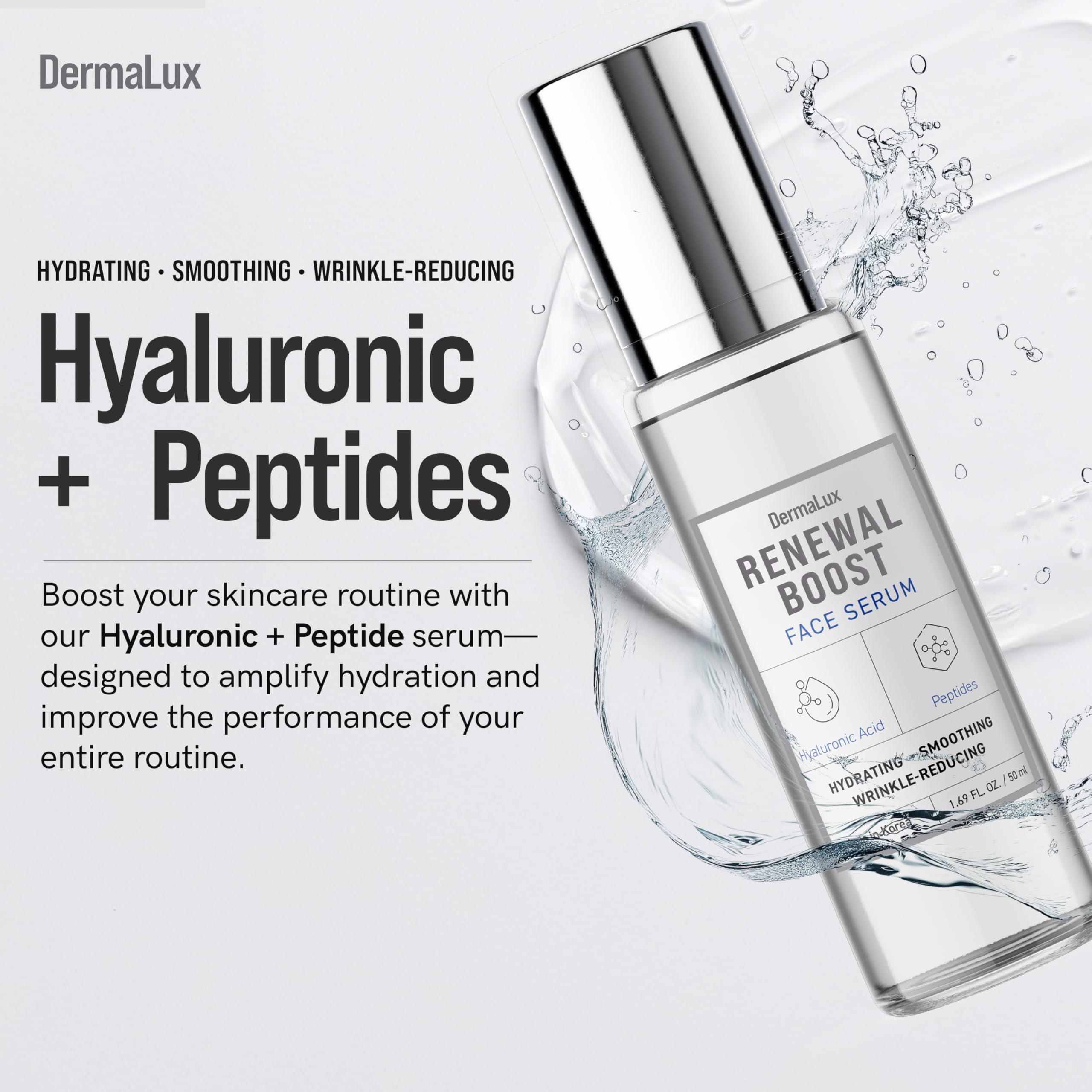 DermaLux Hyaluronic Acid & Peptides Face Serum - Dermatologist Tested, Anti-Aging, Korean Skin Care, Hydrates Smooths Firms – Clean Vegan Beauty for Dry Sensitive Skin – 1.69 Fl Oz