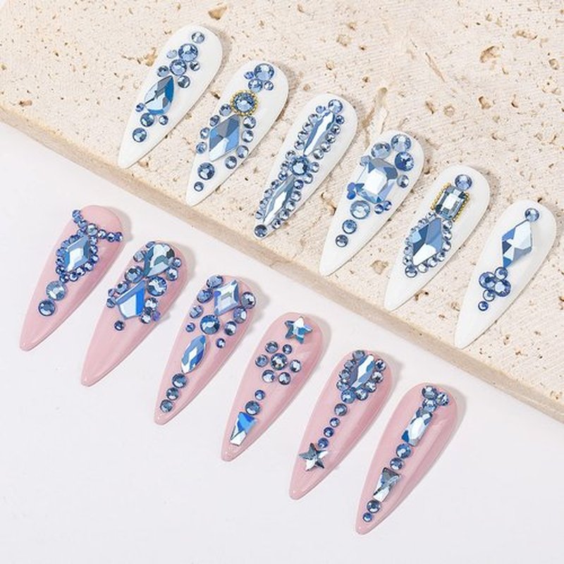 Nail Rhinestones Kit 9080PCS Flatback Rhinestones for Nail Crystals Decoration Nail Hearts Multi Shapes Mix Size and Metal Beads Pearl Gold Silver with Glue Gel and Pen Brush Tweezers(Light Blue)
