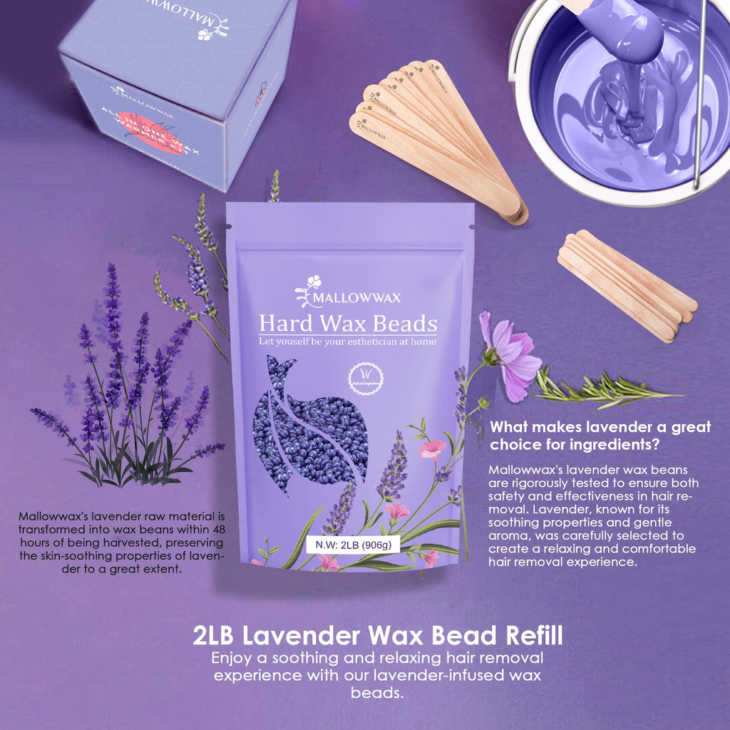 Mallowwax - Lavender - Wax Beads for Hair Removal - Natural & Hypoallergenic Formula - Stripless Refillable 2LB - Ideal for At-Home Use and Sensitive Areas