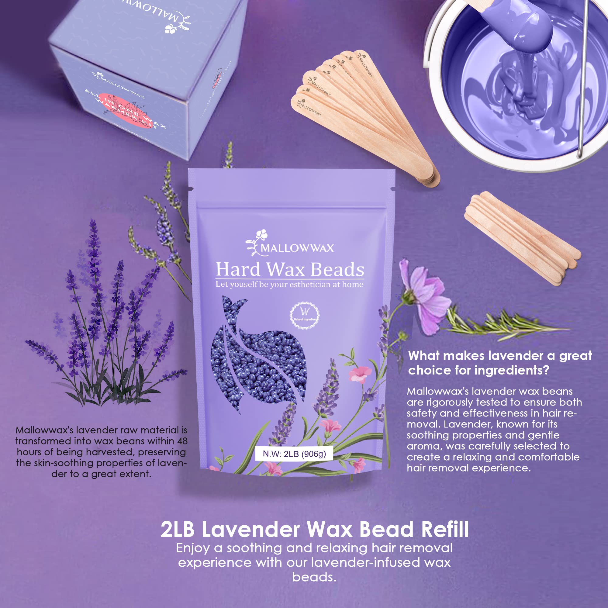 Mallowwax - Lavender - Wax Beads for Hair Removal - Natural & Hypoallergenic Formula - Stripless Refillable 2LB - Ideal for At-Home Use and Sensitive Areas