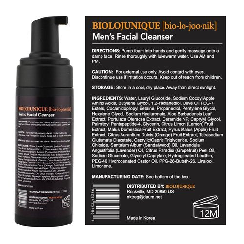 BIOLOJUNIQUE Men’s Face Wash: Instant Foaming Facial Cleanser for Mature Skin. K-Beauty Formula with Botanical Elements for Dry Skin. Hydrating & Anti-Aging Peptides + Ceramides. 5.07 fl oz (150ml).