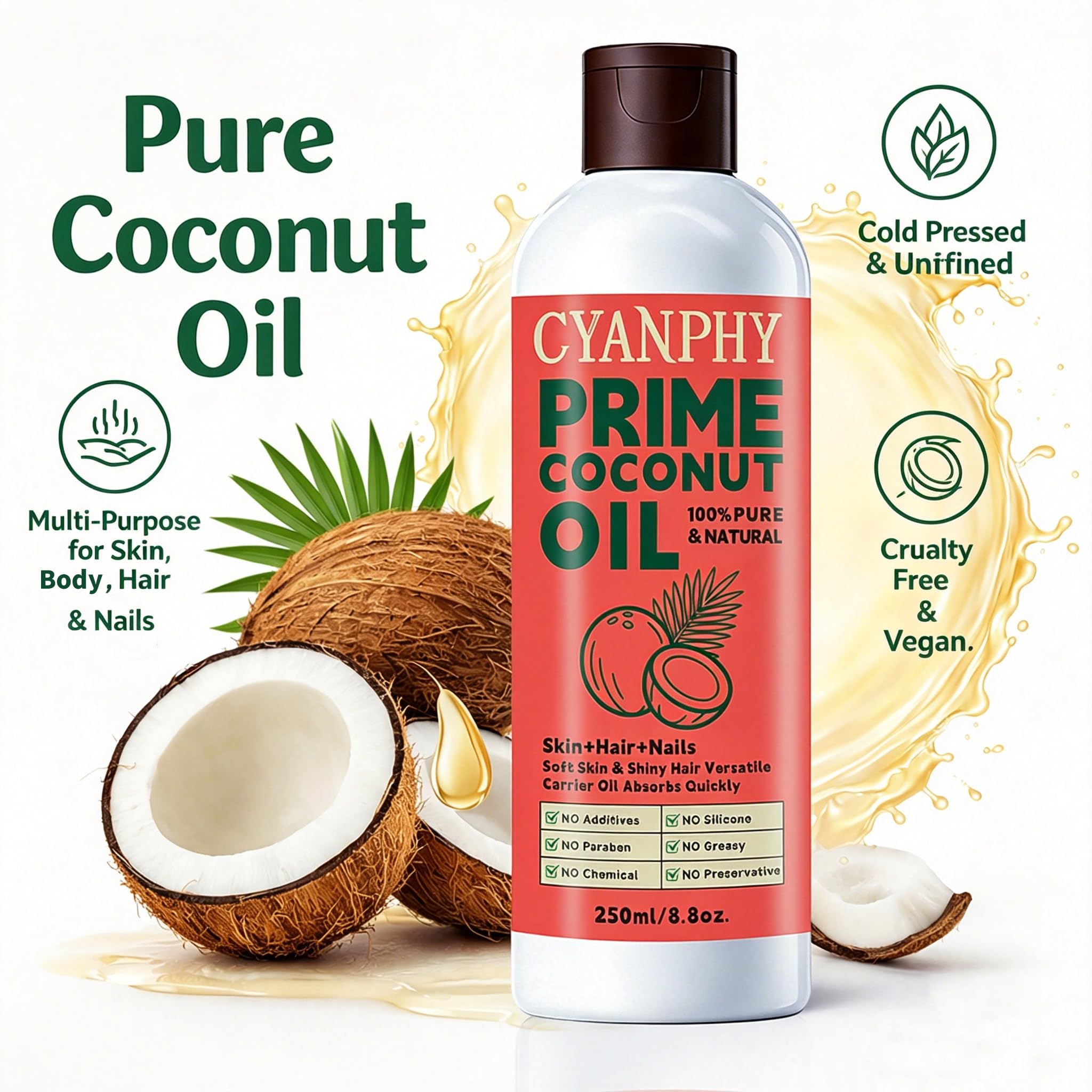 CYANPHY Natural & Organic Coconut Oil for Face, Body, Nail & Hair Care, Ultra-Hydrating Body Massage Essential Oil Moisturizes and Nourishes, Vegan & Cruelty Free, Hexane Free Carrier Oil 8.8OZ