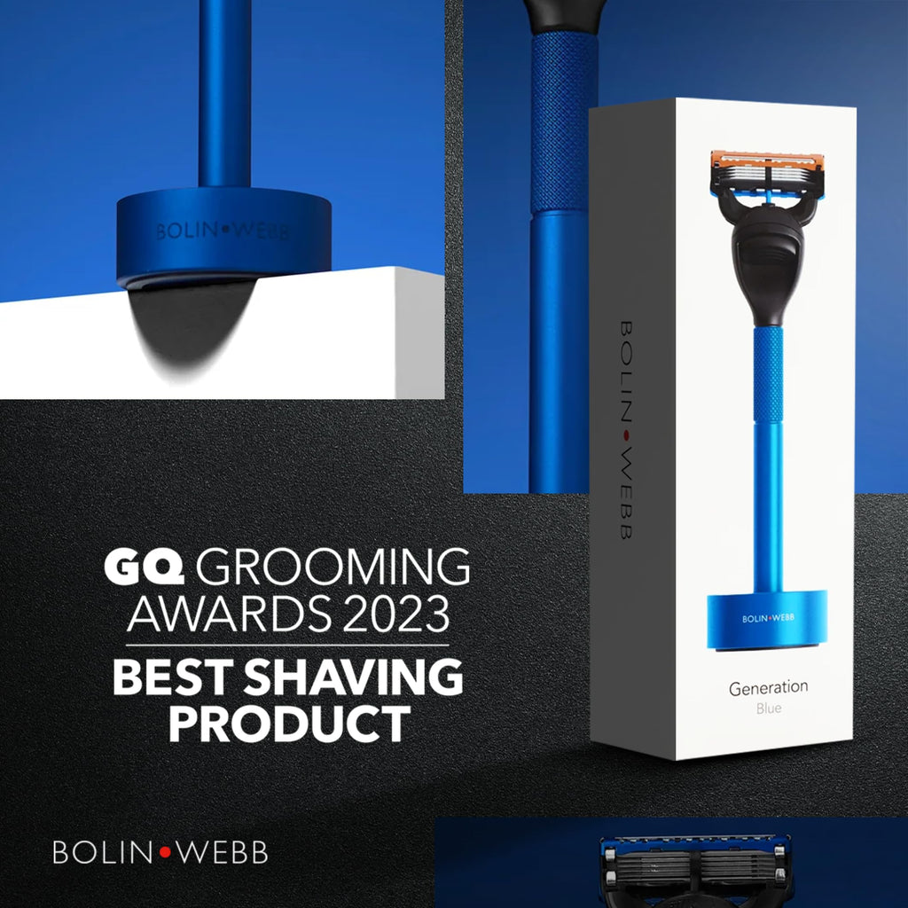 Bolin Webb Generation Razor & Stand - Luxury Razors for Men with Gillette Fusion 5 Blades, Premium Aluminum Shaving Razor for Smooth, Comfortable Shave, Ideal Gift & Daily Grooming Set (Blue)