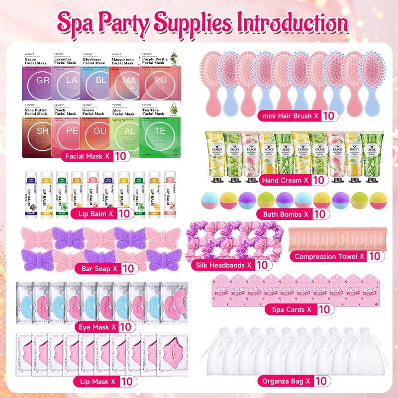 VESPRO 110PCS Spa Party Supplies for Girls, Spa Day Kit Include Face Masks Skincare, Hand Cream, Lip Balm, Under Eye Patches, Mini Hair Brush, Spa Birthday Sleepover Party Supplies for Teen Girls