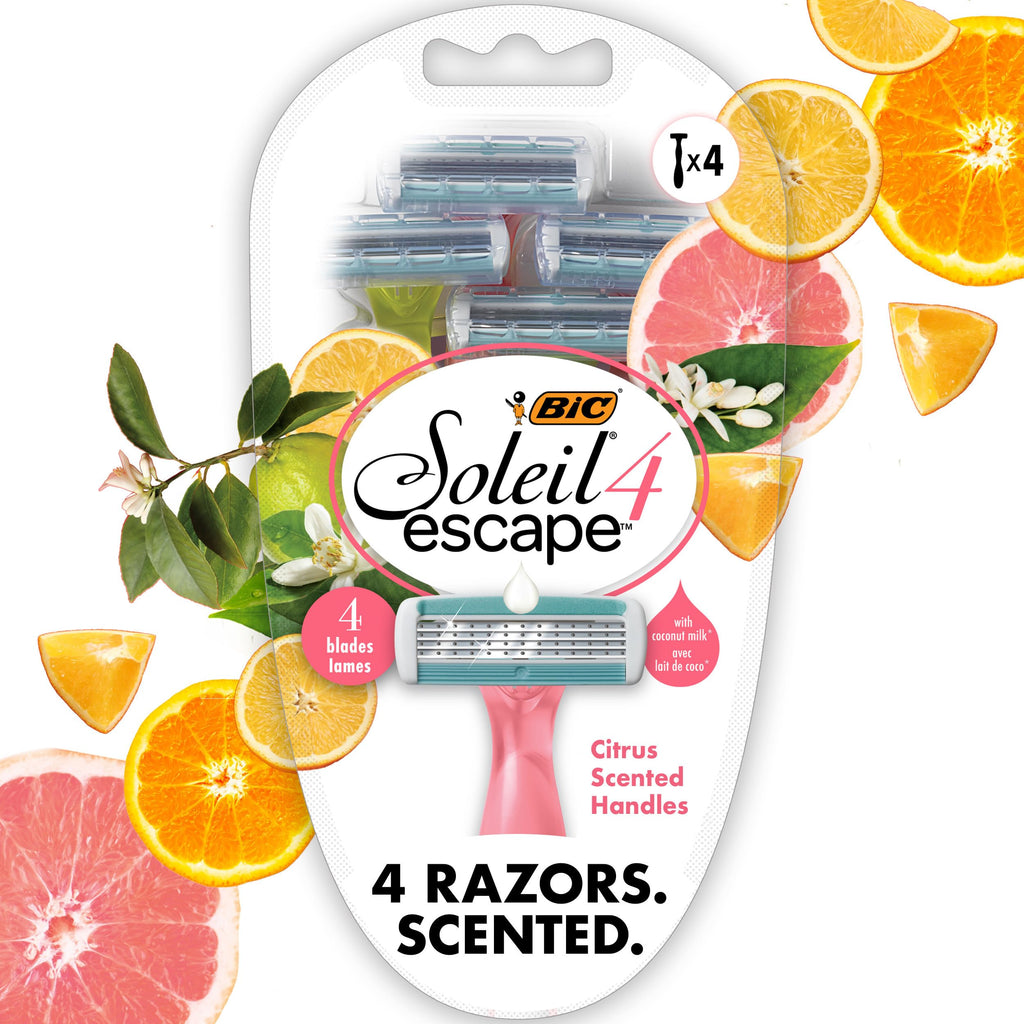 BIC Soleil 4 Escape Scented Women's Disposable Razors, 4 Blades, Comfortable Shave, Citrus Scented Handle Shaving Razors for Women, 4 Count