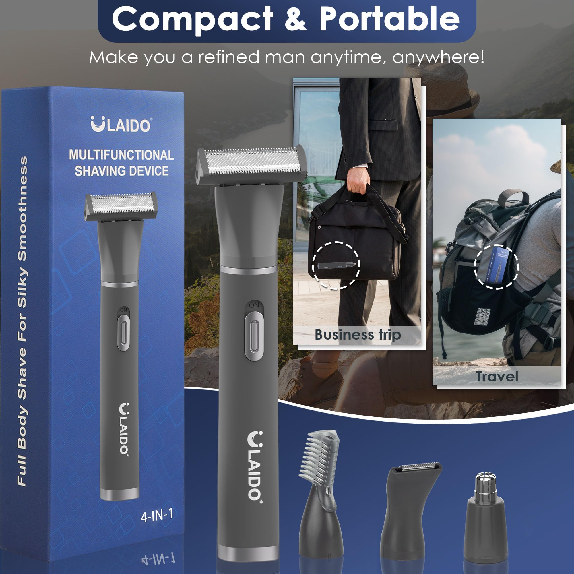 ULAIDO Body Hair Trimmer for Men, 4 in 1 Versatile Trimmer Shavers for Nose Ear Eyebrow Body Hair Trimming, USB-C Fast Charge Electric Pubic Hair Trimmer for Smooth Shaving with Storage Bag