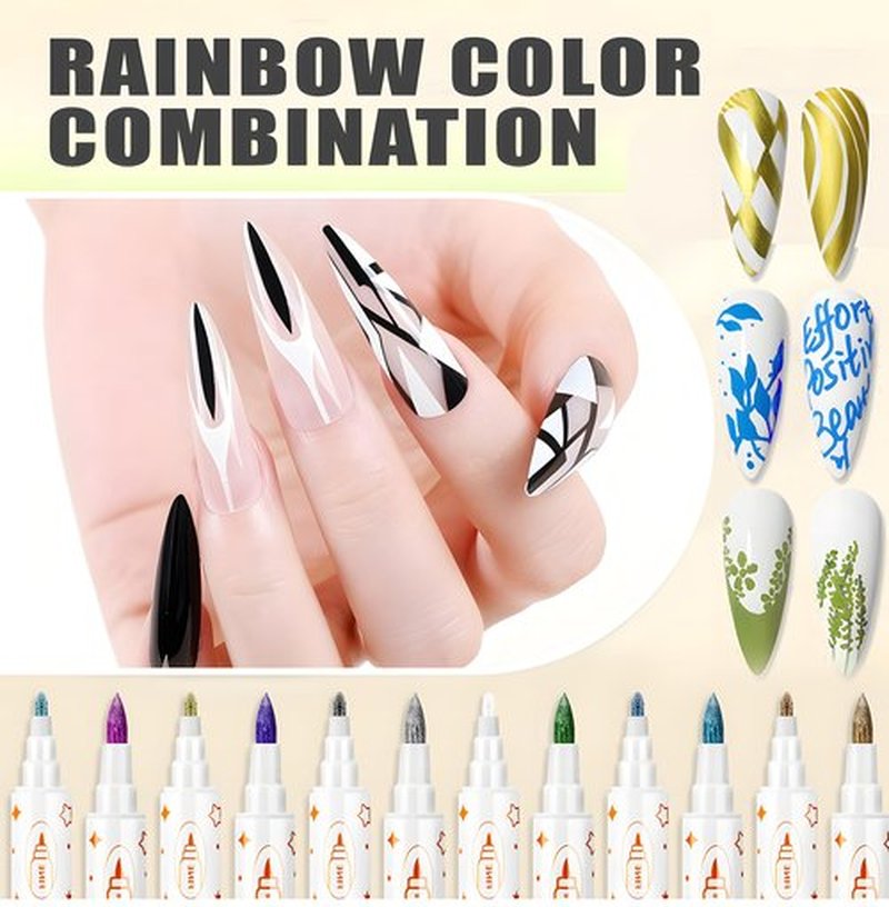 12 Colors Metallic Nail Art Pens Set, Double-Ended Nail Marker Pens for Nail Art Dotting Line Painting Designs, Water Based Quick Dry Paint Markers for DIY Manicure, Home & Salon Use