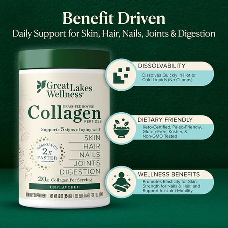 Great Lakes Wellness Collagen Peptides Powder - Hydrolyzed, Quick-Dissolve Formula for Skin, Hair & Joints - Non-GMO, Keto & Kosher (16 oz, 22 Servings)