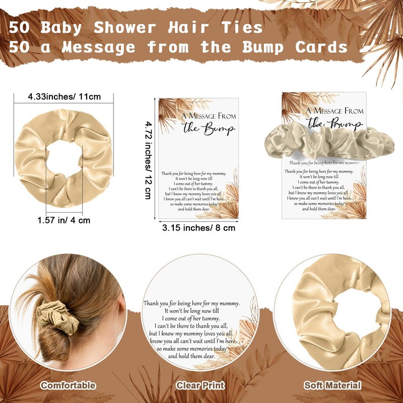 Yinkin 50 Sets Boho Baby Shower Favor for Guests Baby Shower Hair Ties Favors 50 Brown Scrunchies 50 a Message from The Bump Thank You Cards Boho Scrunchies Party Favor for Guest Gender Reveal