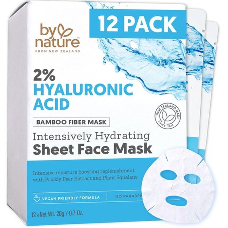 By Nature 2% Hyaluronic Acid Sheet Face Mask for Dry, Dehydrated & Sensitive Skin – Hydration Boost with Prickly Pear & Squalane – Made in New Zealand – Pack of 12