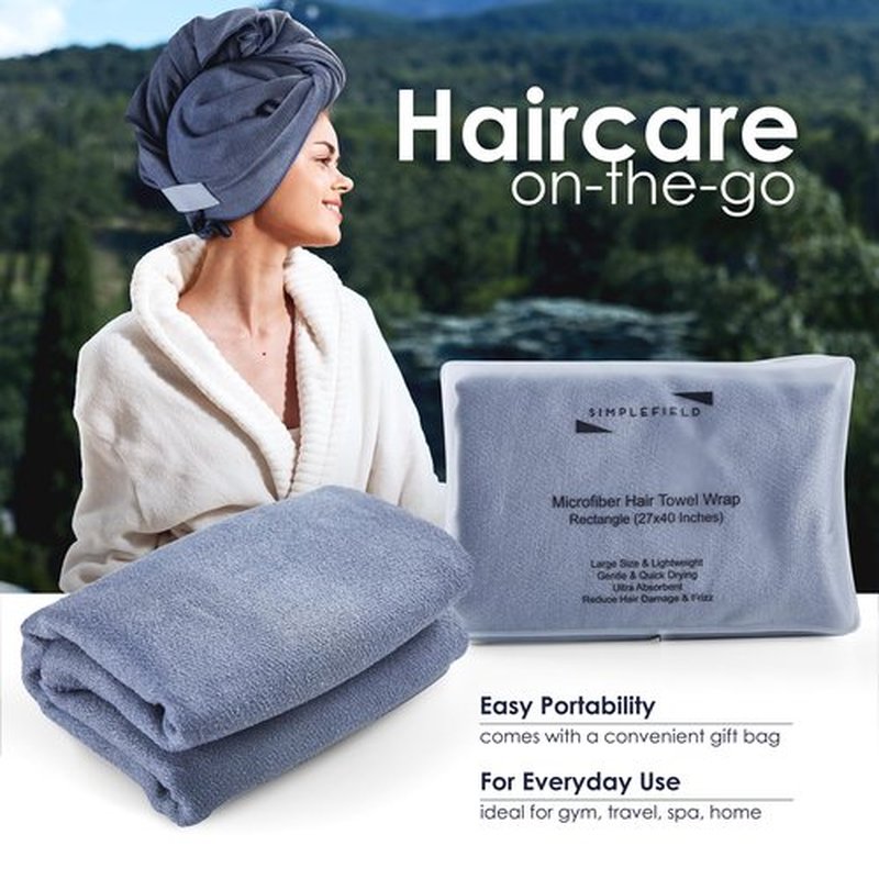 SimpleField Large Microfiber Hair Towel Wrap for Women (27x40 Inches). Anti Frizz Rectangle Fast Drying Towel with Elastic Band for Long, Curly, and Thick Hair. Includes Reusable Carry Bag (Grey)