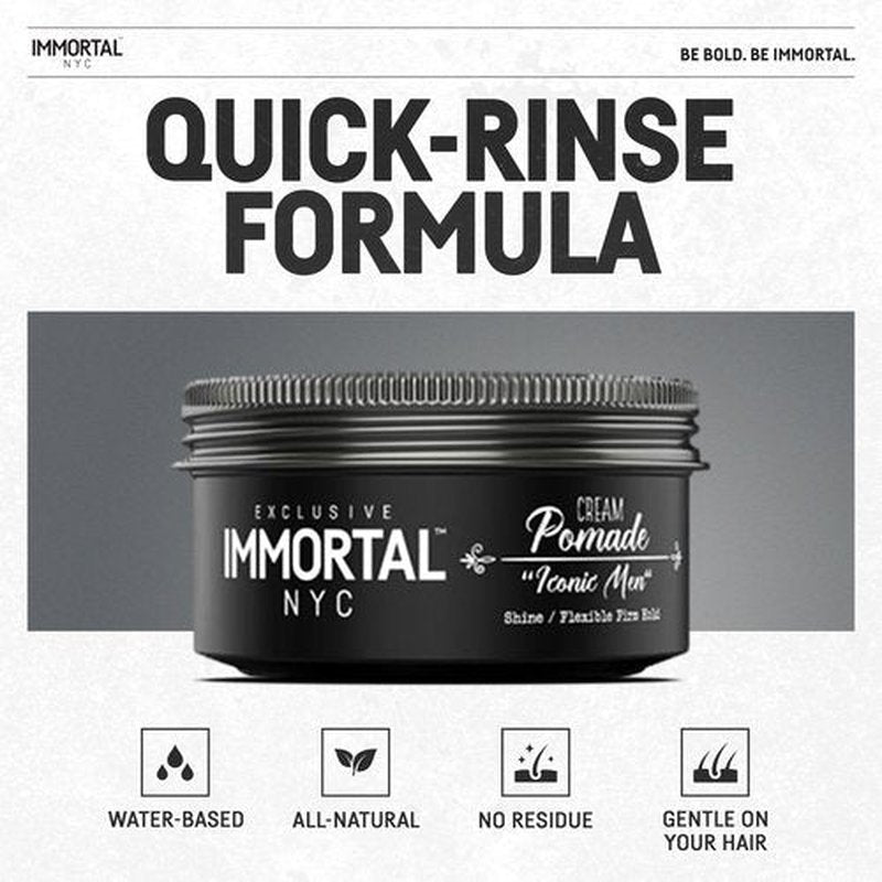 Immortal NYC Iconic Men Cream Pomade - Flex Medium/Stong Hold - Low Shine All Natural Water-Based Hair Cream Pomade for Men - No Residue, All Hair Types